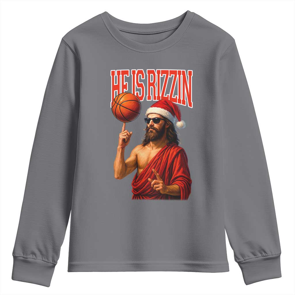 Jesus Basketball Christmas Youth Sweatshirt He Is Rizzin TS14 Charcoal Print Your Wear