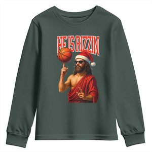 Jesus Basketball Christmas Youth Sweatshirt He Is Rizzin TS14 Dark Forest Green Print Your Wear