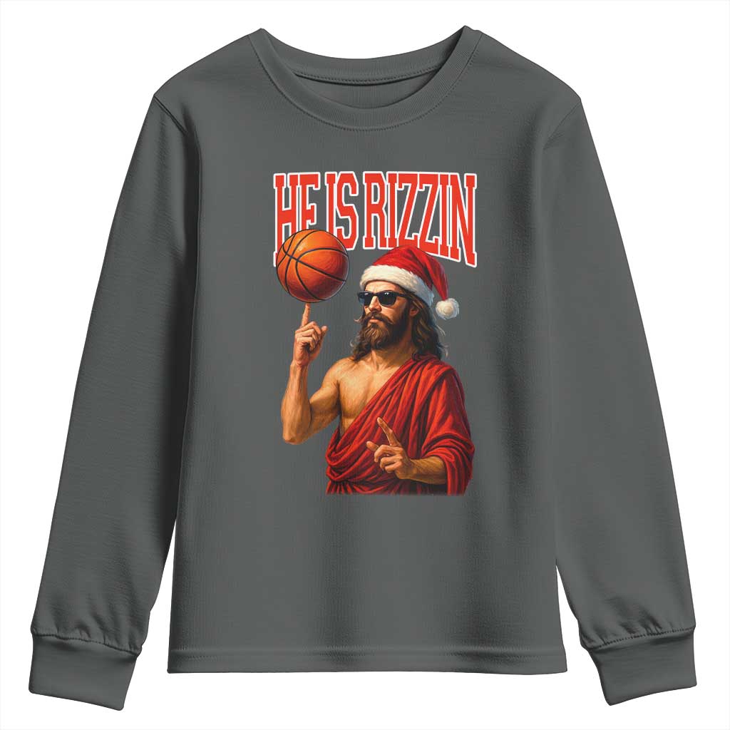 Jesus Basketball Christmas Youth Sweatshirt He Is Rizzin TS14 Dark Heather Print Your Wear