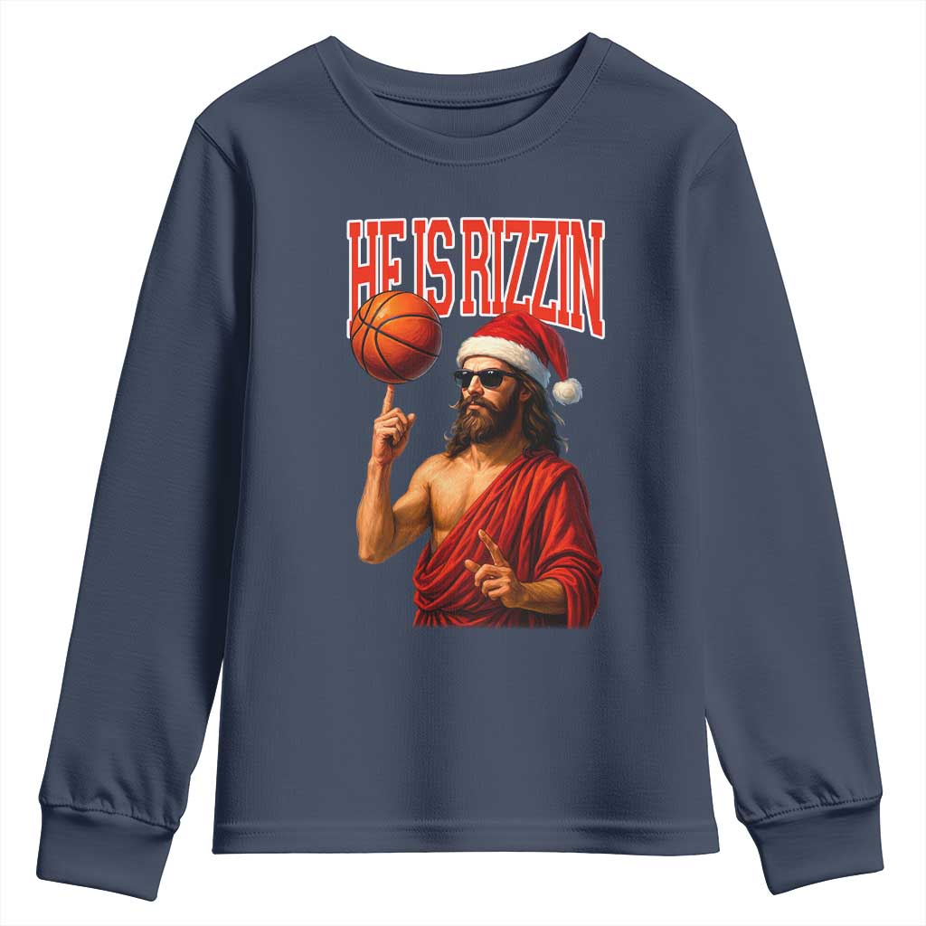 Jesus Basketball Christmas Youth Sweatshirt He Is Rizzin TS14 Navy Print Your Wear