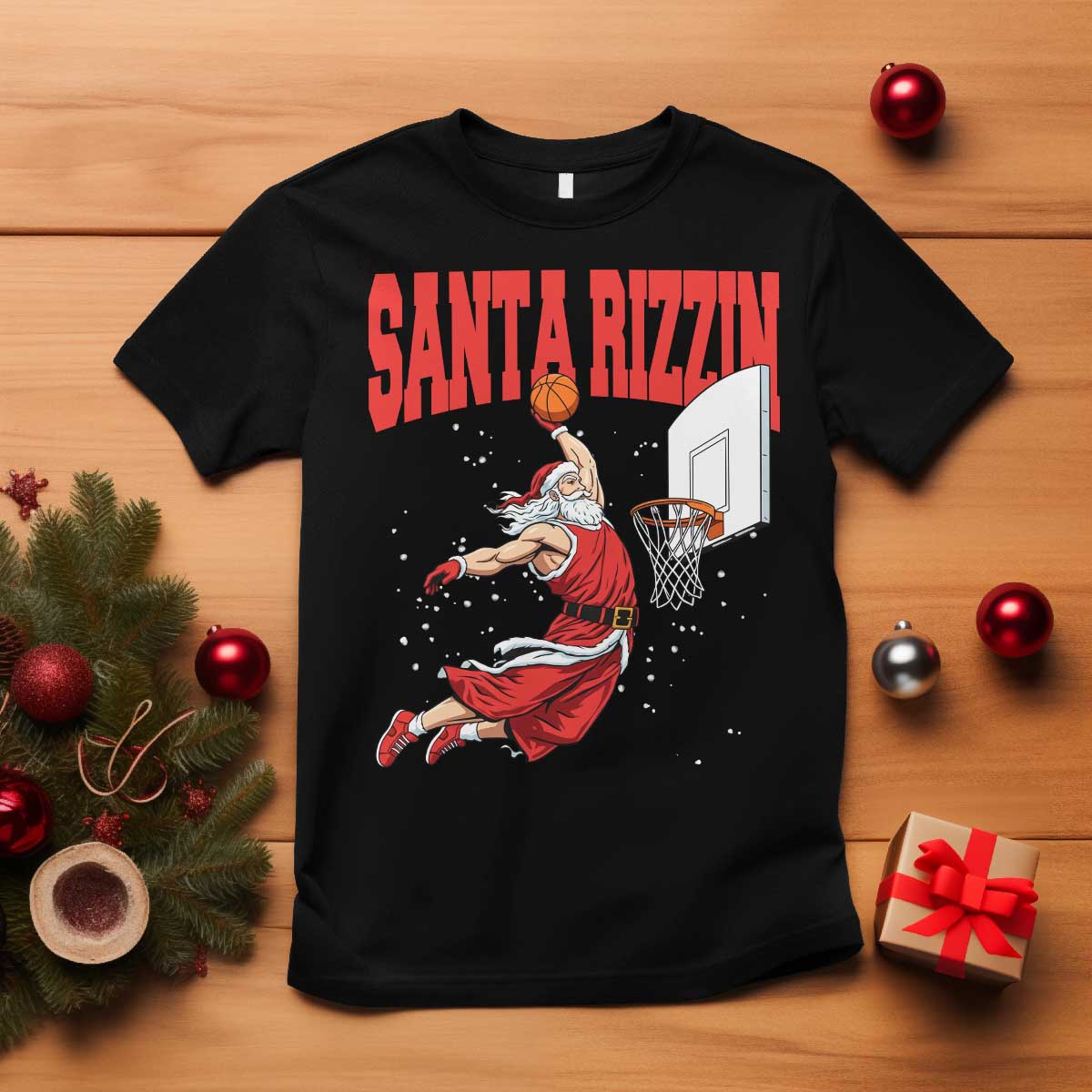 Santa Basketball Christmas T Shirt He Is Rizzin TS14 Black Print Your Wear