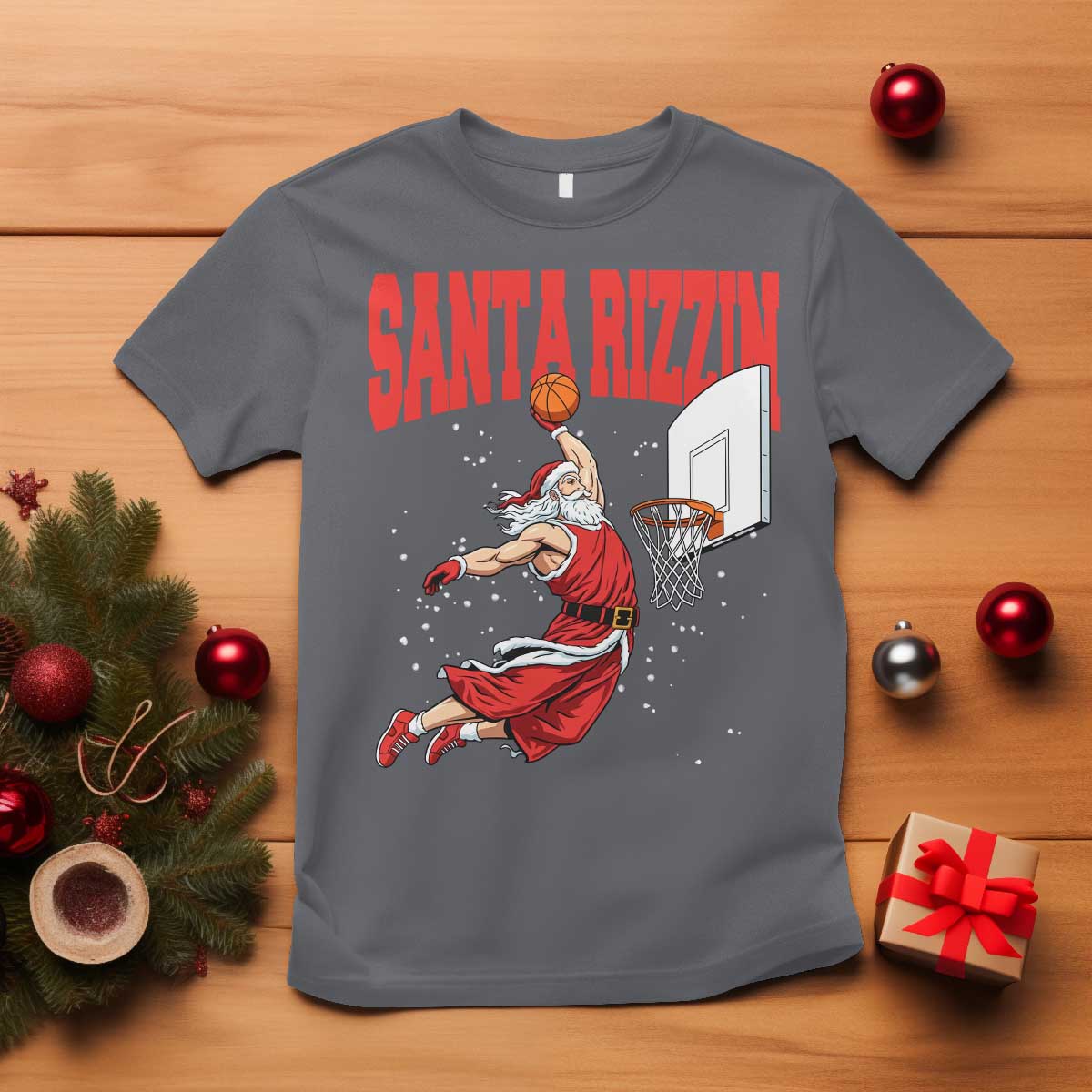 Santa Basketball Christmas T Shirt He Is Rizzin TS14 Charcoal Print Your Wear
