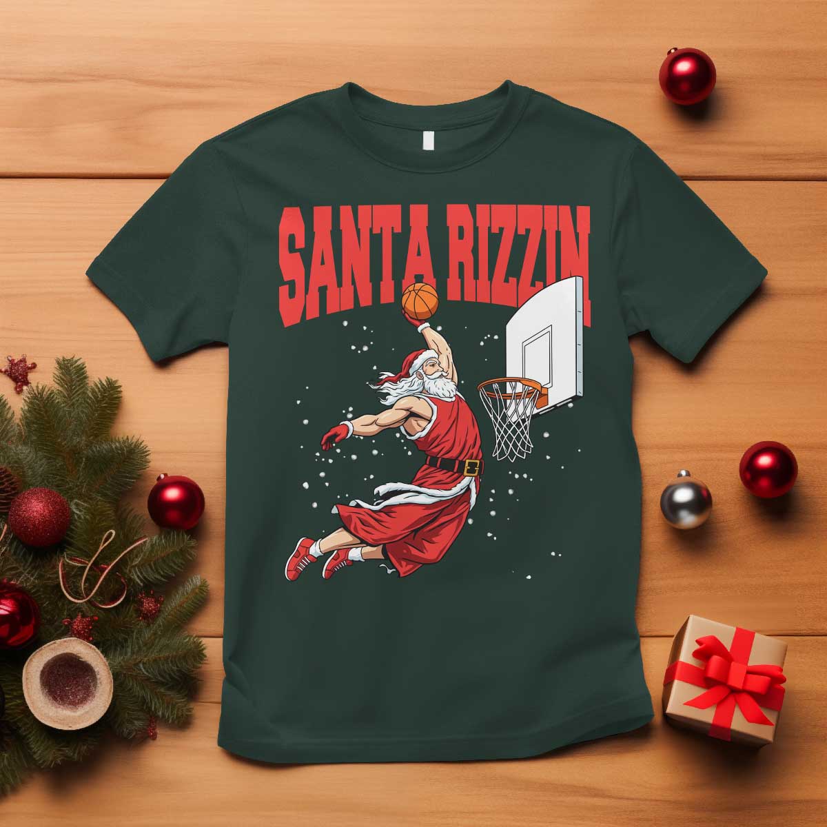 Santa Basketball Christmas T Shirt He Is Rizzin TS14 Dark Forest Green Print Your Wear