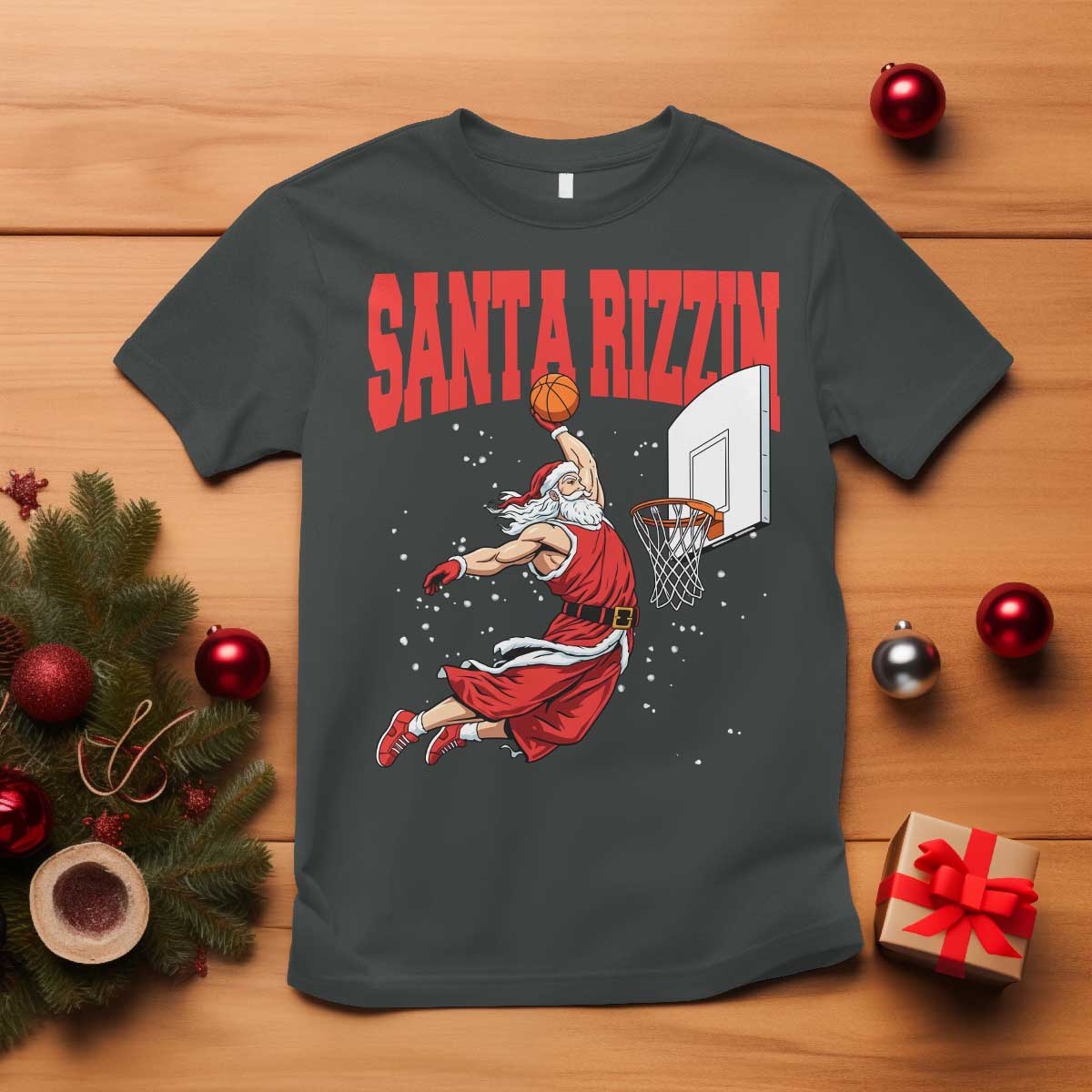 Santa Basketball Christmas T Shirt He Is Rizzin TS14 Dark Heather Print Your Wear