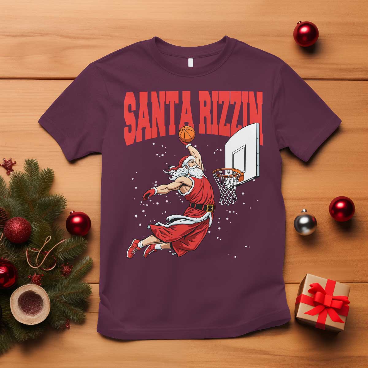 Santa Basketball Christmas T Shirt He Is Rizzin TS14 Maroon Print Your Wear