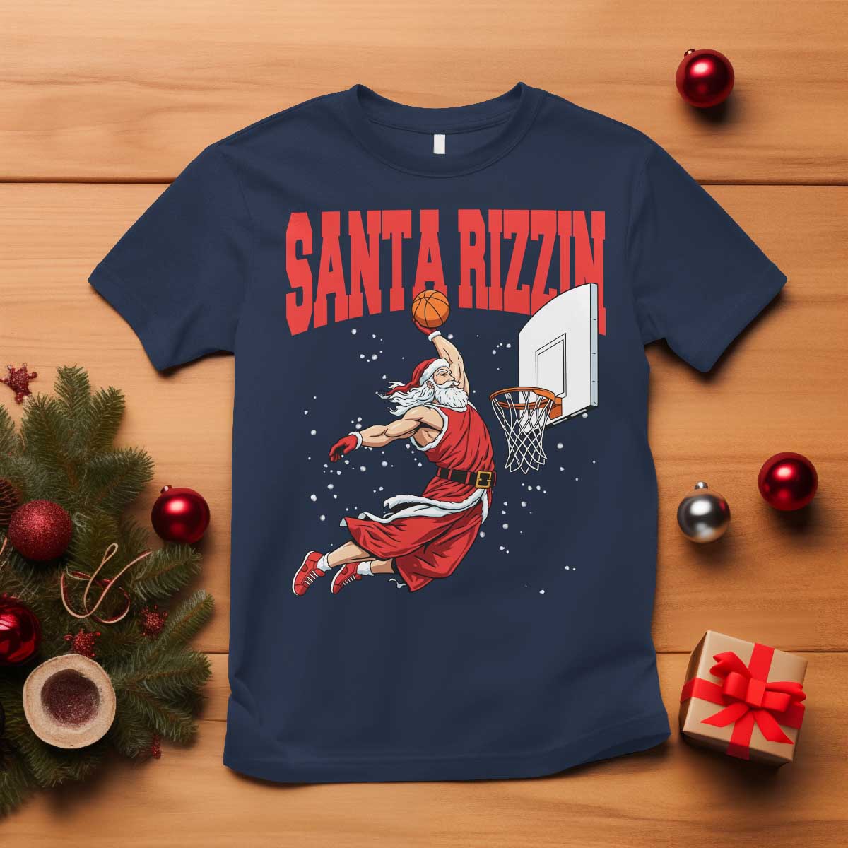 Santa Basketball Christmas T Shirt He Is Rizzin TS14 Navy Print Your Wear