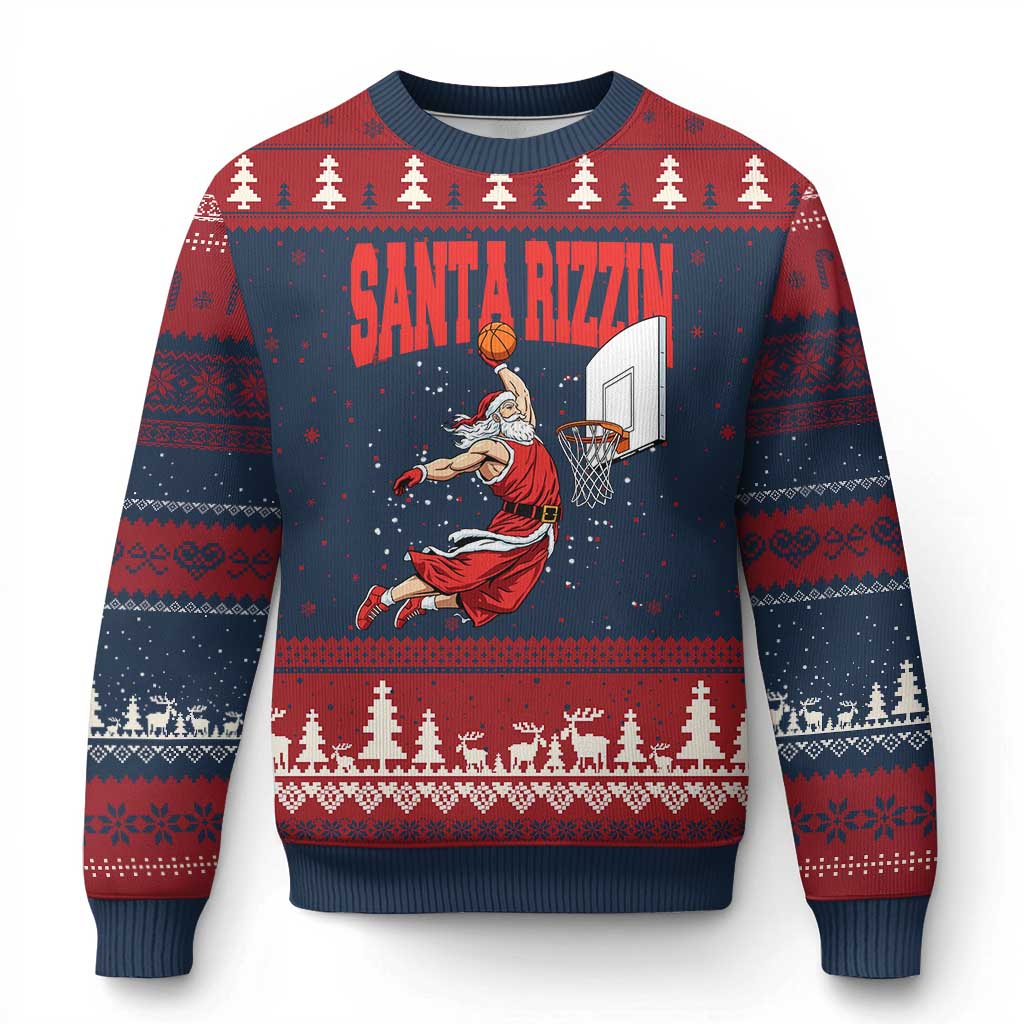 Santa Basketball Xmas Ugly Christmas Sweater He Is Rizzin TS14 Navy Red Print Your Wear