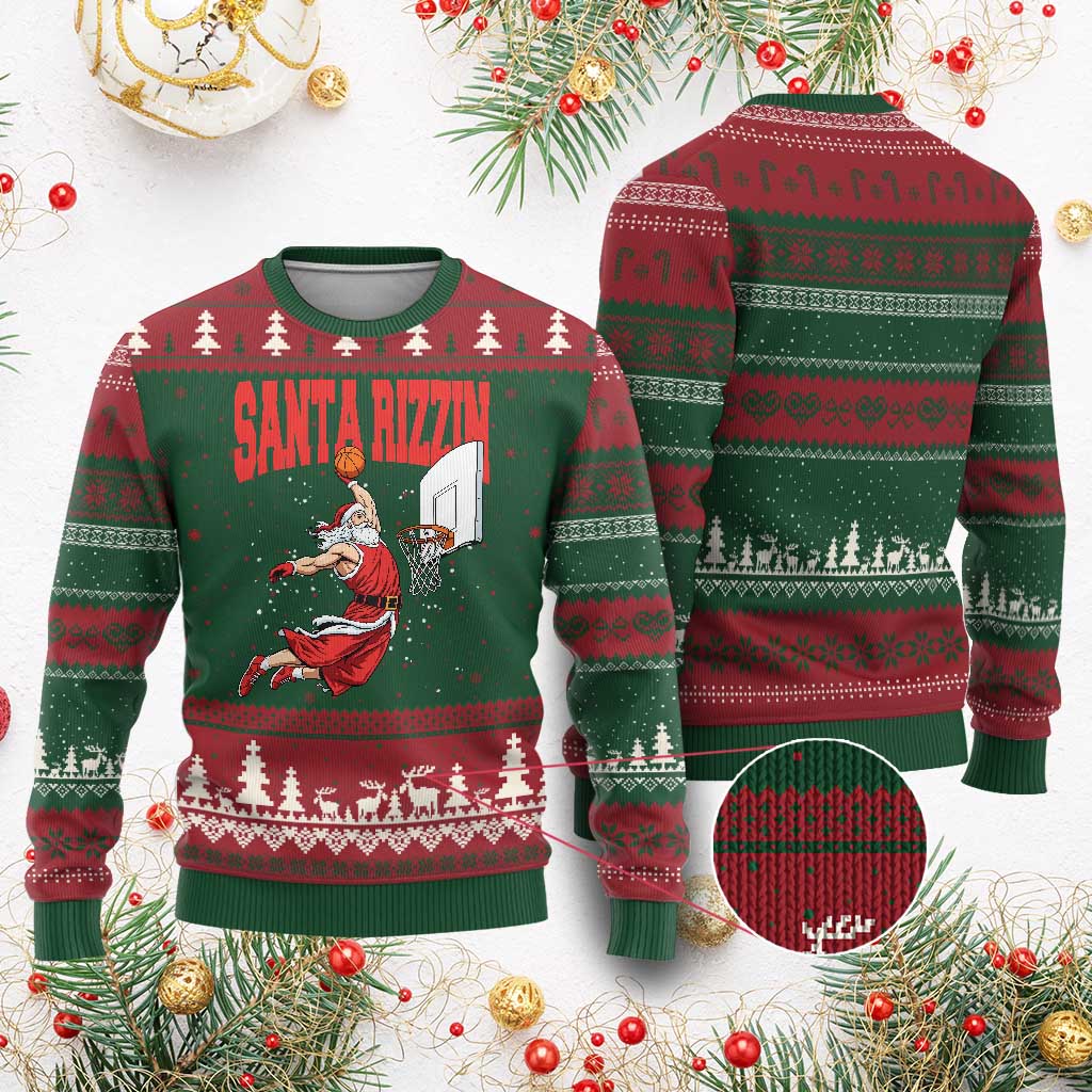 Santa Basketball Xmas Ugly Christmas Sweater He Is Rizzin TS14 Red Green Print Your Wear