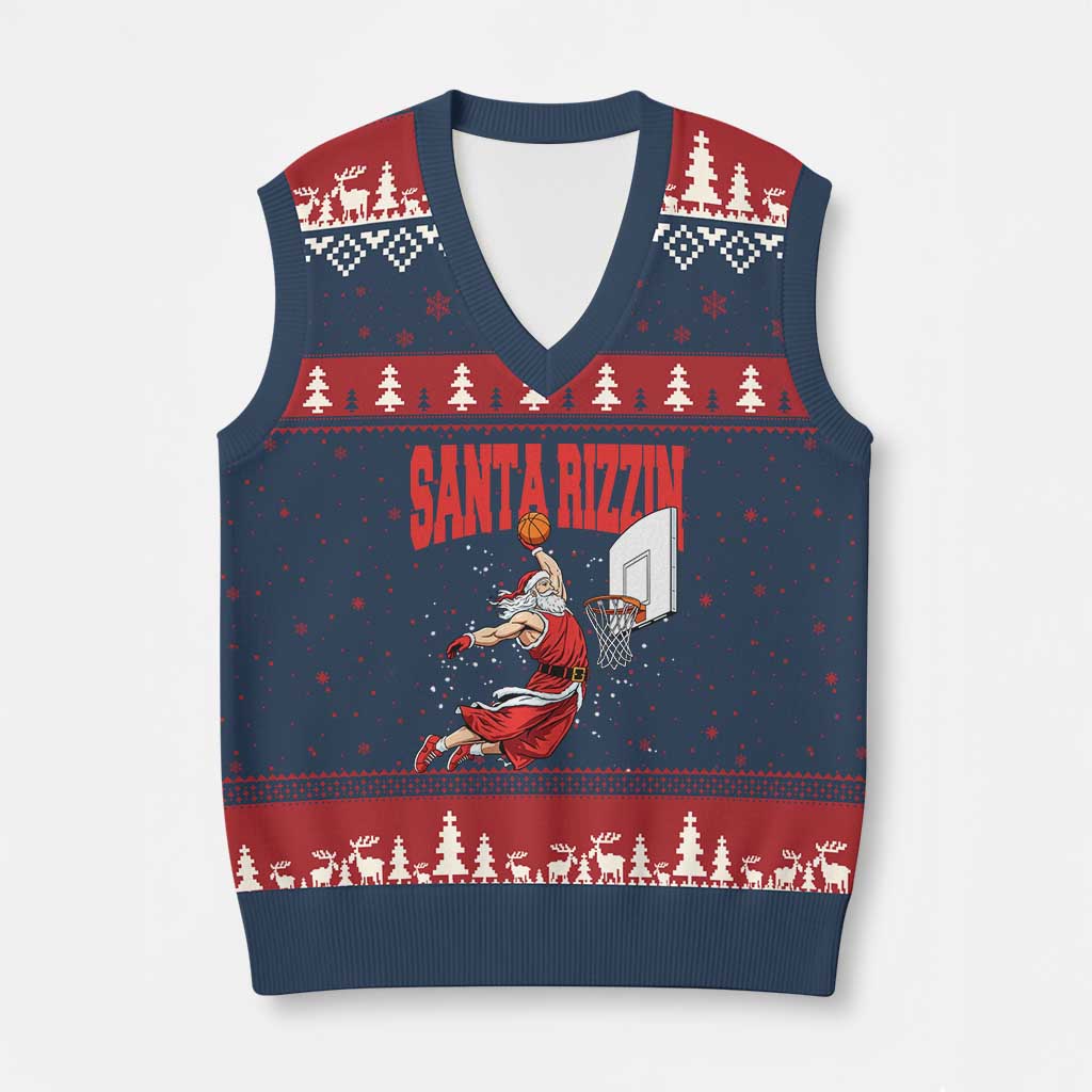 Santa Basketball Xmas V-Neck Knit Sweater Vest He Is Rizzin TS14 Navy Red Print Your Wear