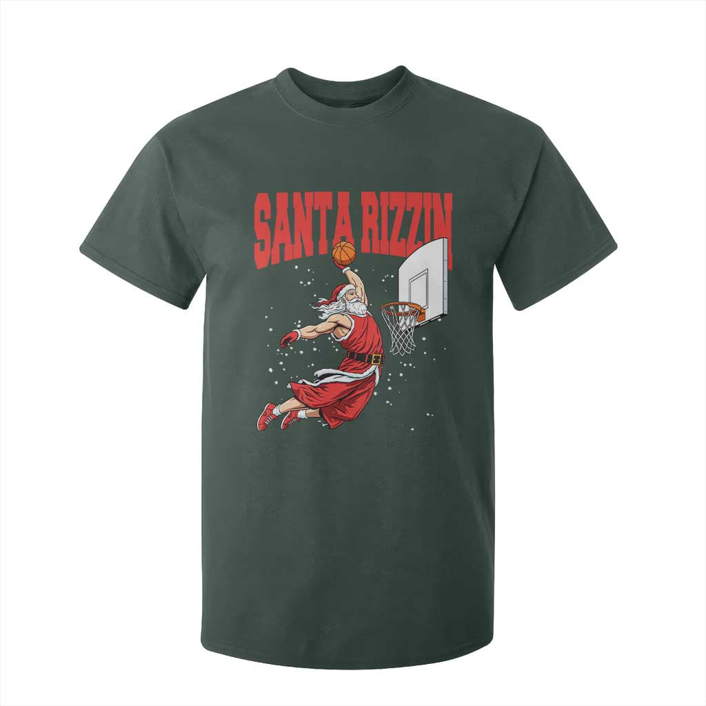 Santa Basketball Christmas T Shirt For Kid He Is Rizzin TS14 Dark Forest Green Print Your Wear