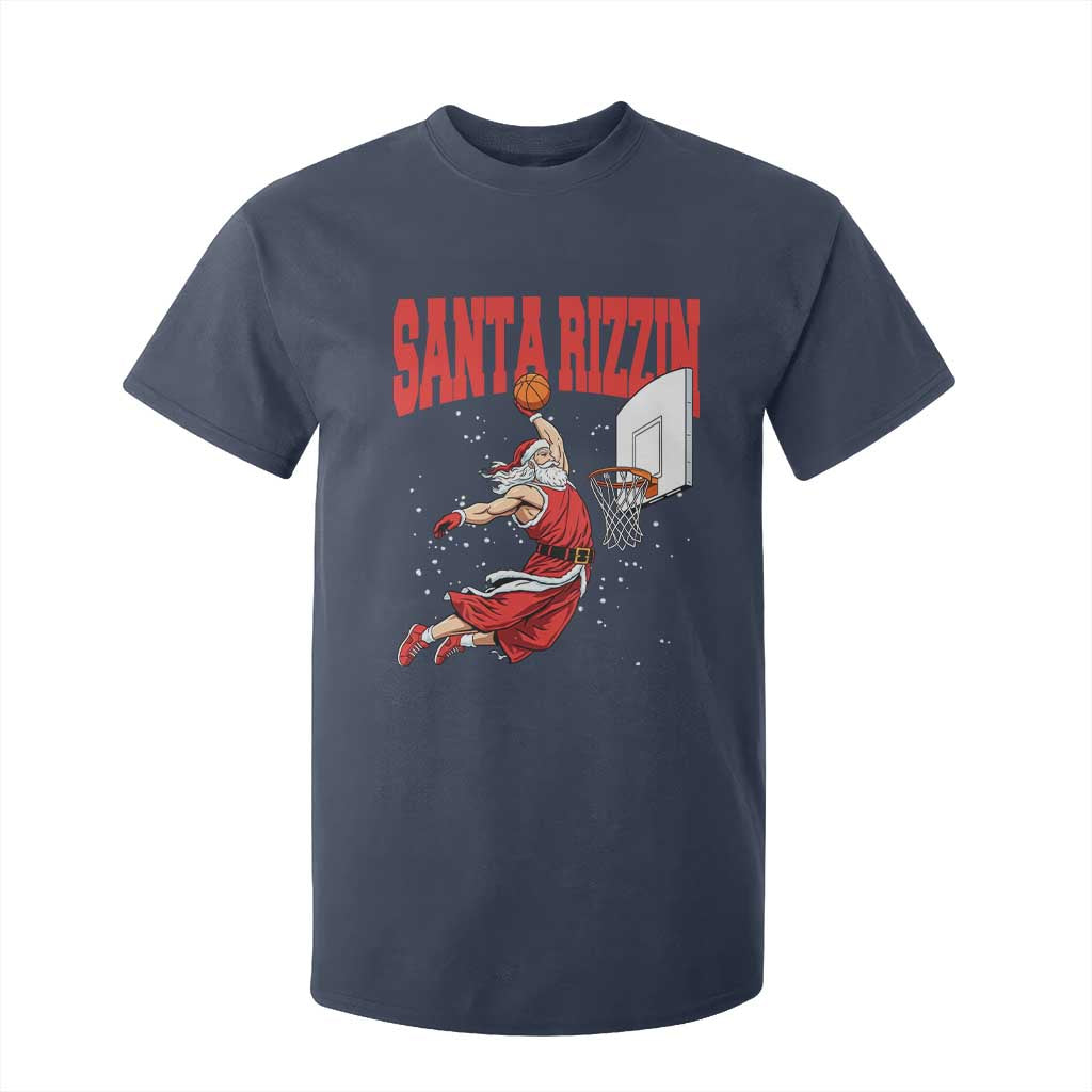 Santa Basketball Christmas T Shirt For Kid He Is Rizzin TS14 Navy Print Your Wear