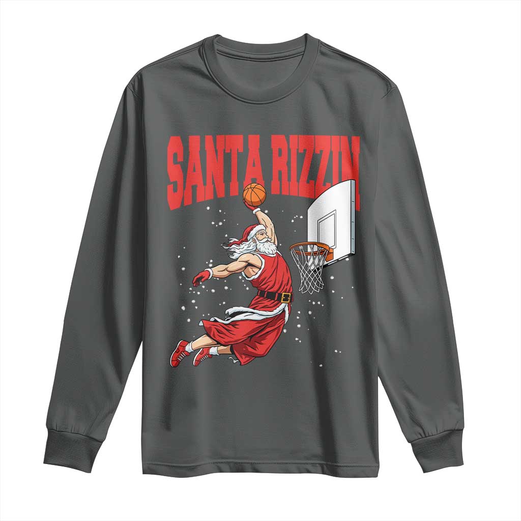 Santa Basketball Christmas Long Sleeve Shirt He Is Rizzin TS14 Dark Heather Print Your Wear