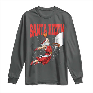 Santa Basketball Christmas Long Sleeve Shirt He Is Rizzin TS14 Dark Heather Print Your Wear