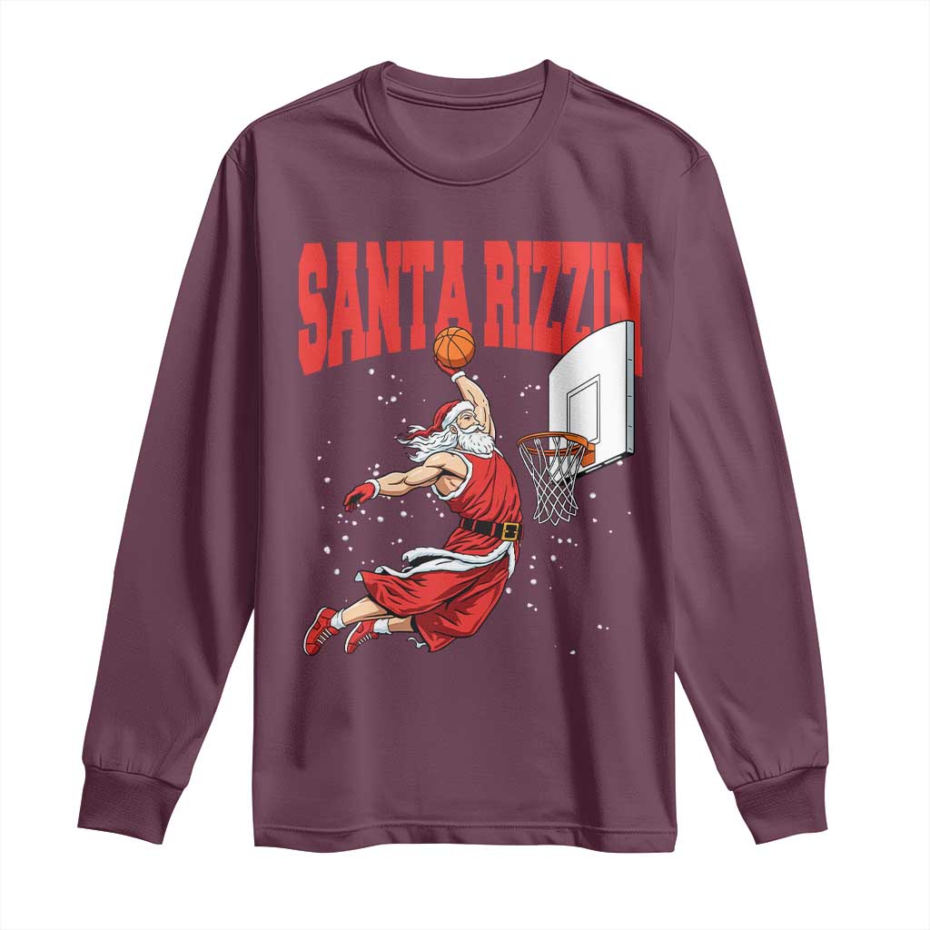 Santa Basketball Christmas Long Sleeve Shirt He Is Rizzin TS14 Maroon Print Your Wear