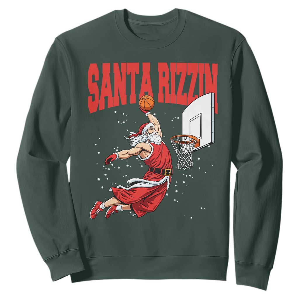 Santa Basketball Christmas Sweatshirt He Is Rizzin TS14 Dark Forest Green Print Your Wear