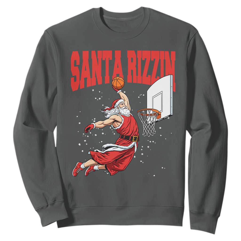 Santa Basketball Christmas Sweatshirt He Is Rizzin TS14 Dark Heather Print Your Wear