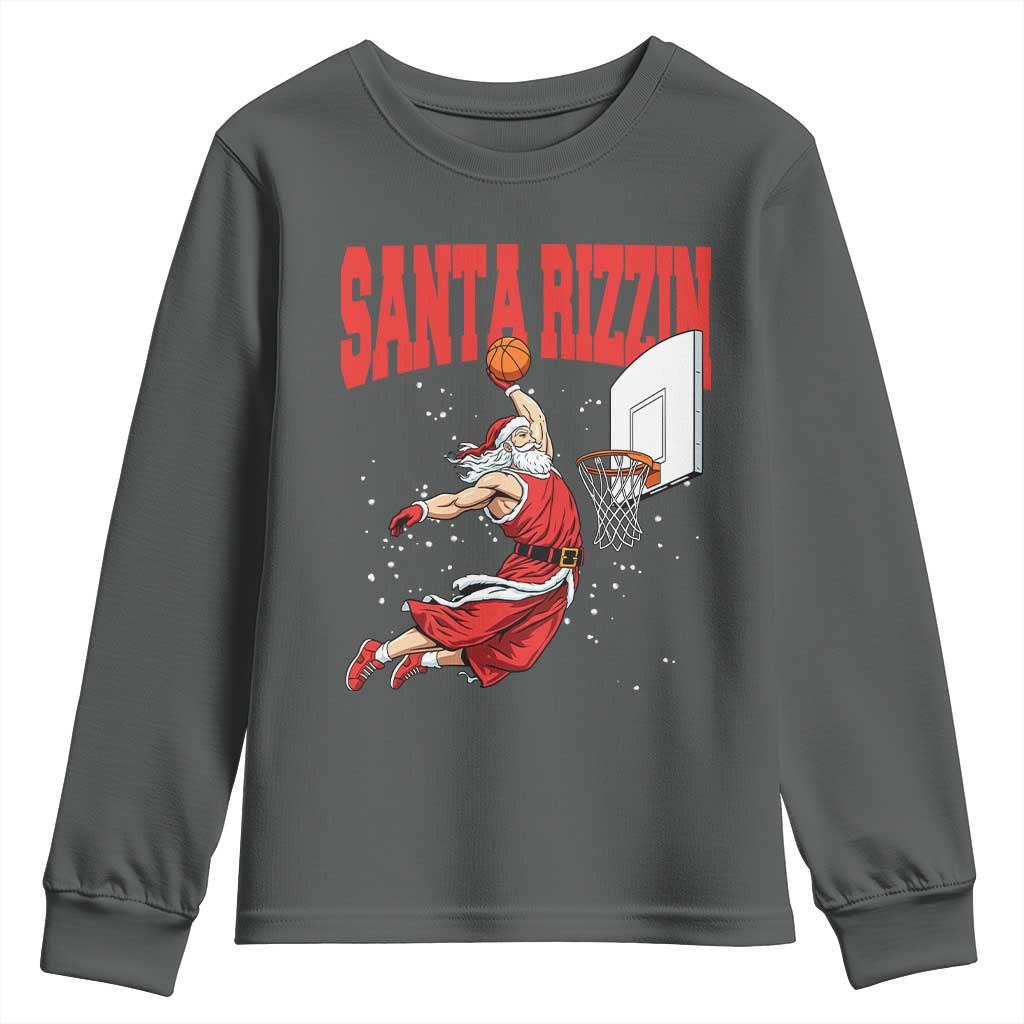 Santa Basketball Christmas Youth Sweatshirt He Is Rizzin TS14 Dark Heather Print Your Wear