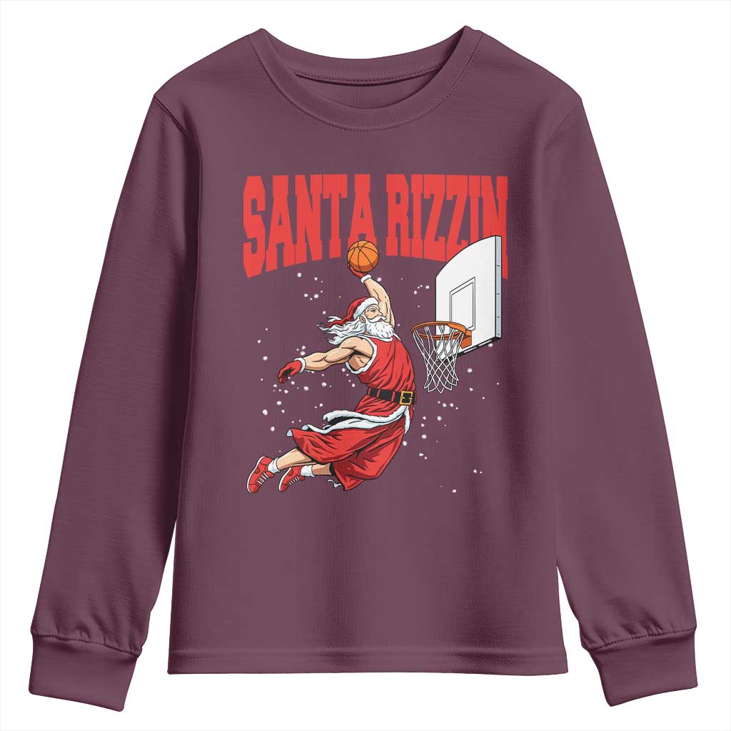 Santa Basketball Christmas Youth Sweatshirt He Is Rizzin TS14 Maroon Print Your Wear