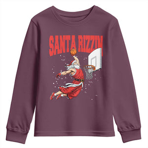 Santa Basketball Christmas Youth Sweatshirt He Is Rizzin TS14 Maroon Print Your Wear