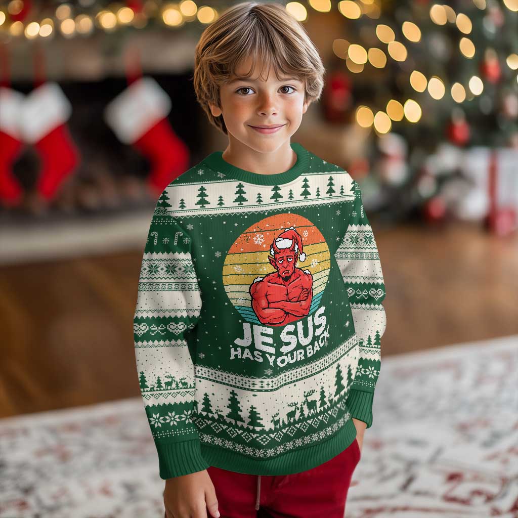 Funny Satan Xmas Ugly Christmas Sweater Jesus Has Your Back TS14 Forest Green Beige Print Your Wear