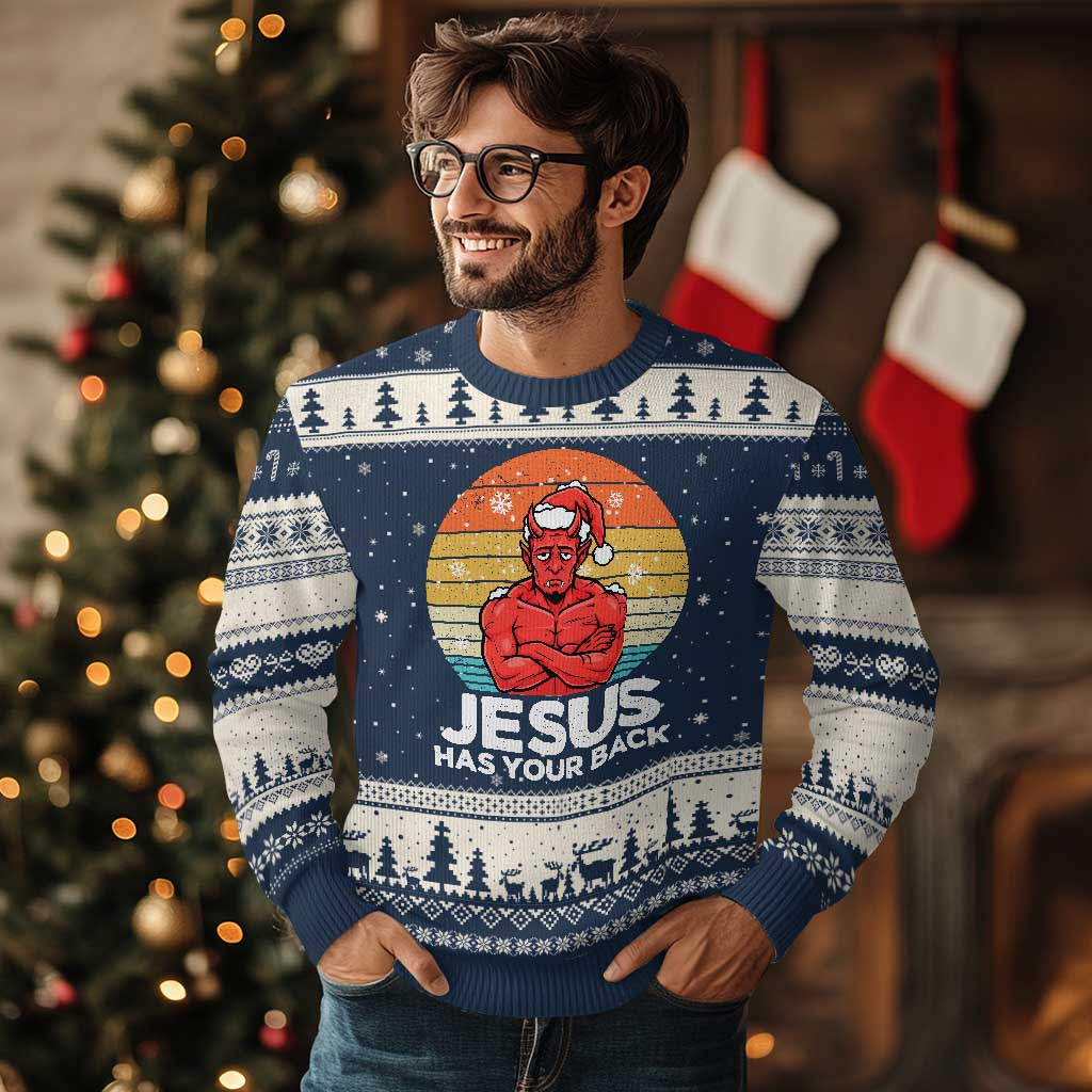Funny Satan Xmas Ugly Christmas Sweater Jesus Has Your Back TS14 Navy Beige Print Your Wear