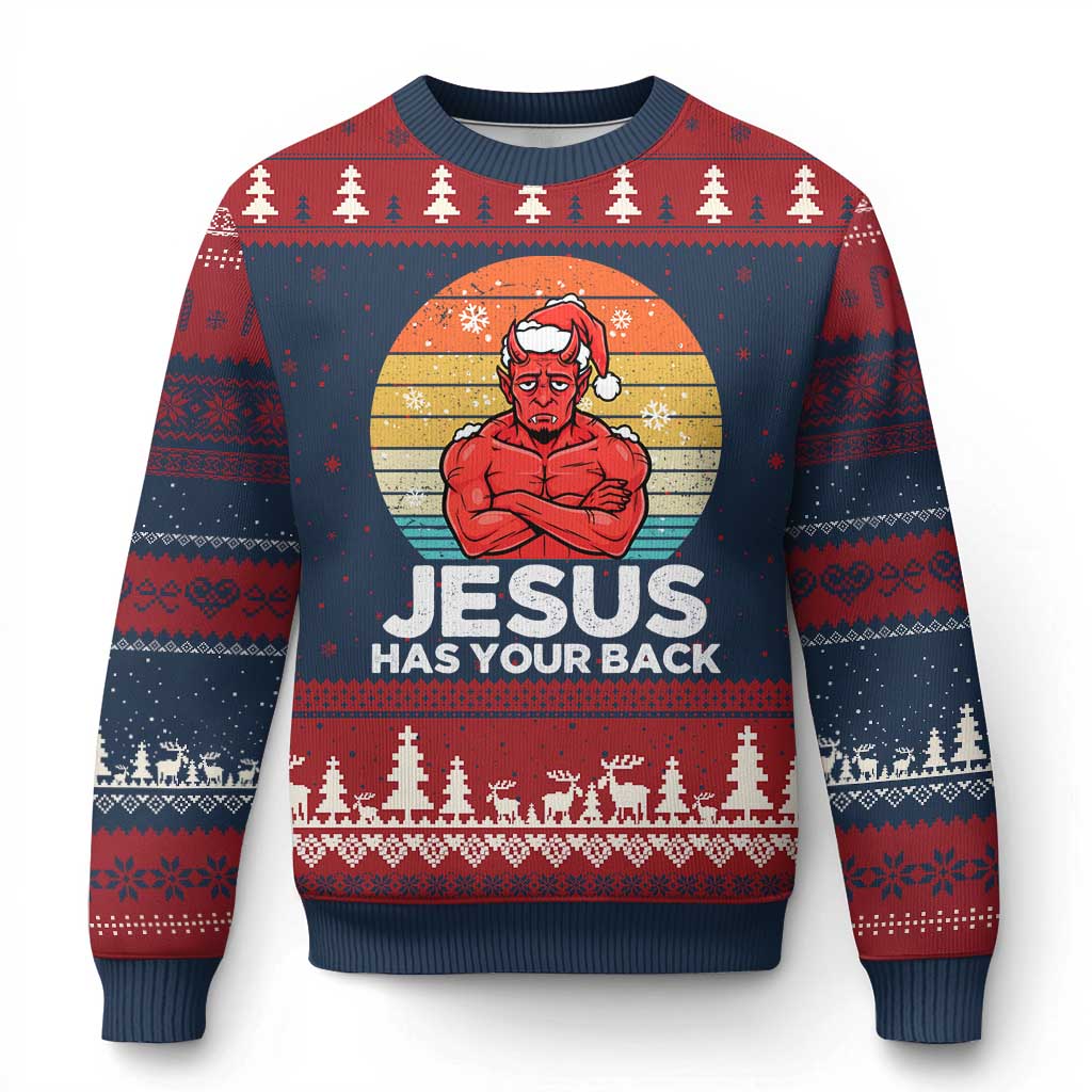 Funny Satan Xmas Ugly Christmas Sweater Jesus Has Your Back TS14 Navy Red Print Your Wear
