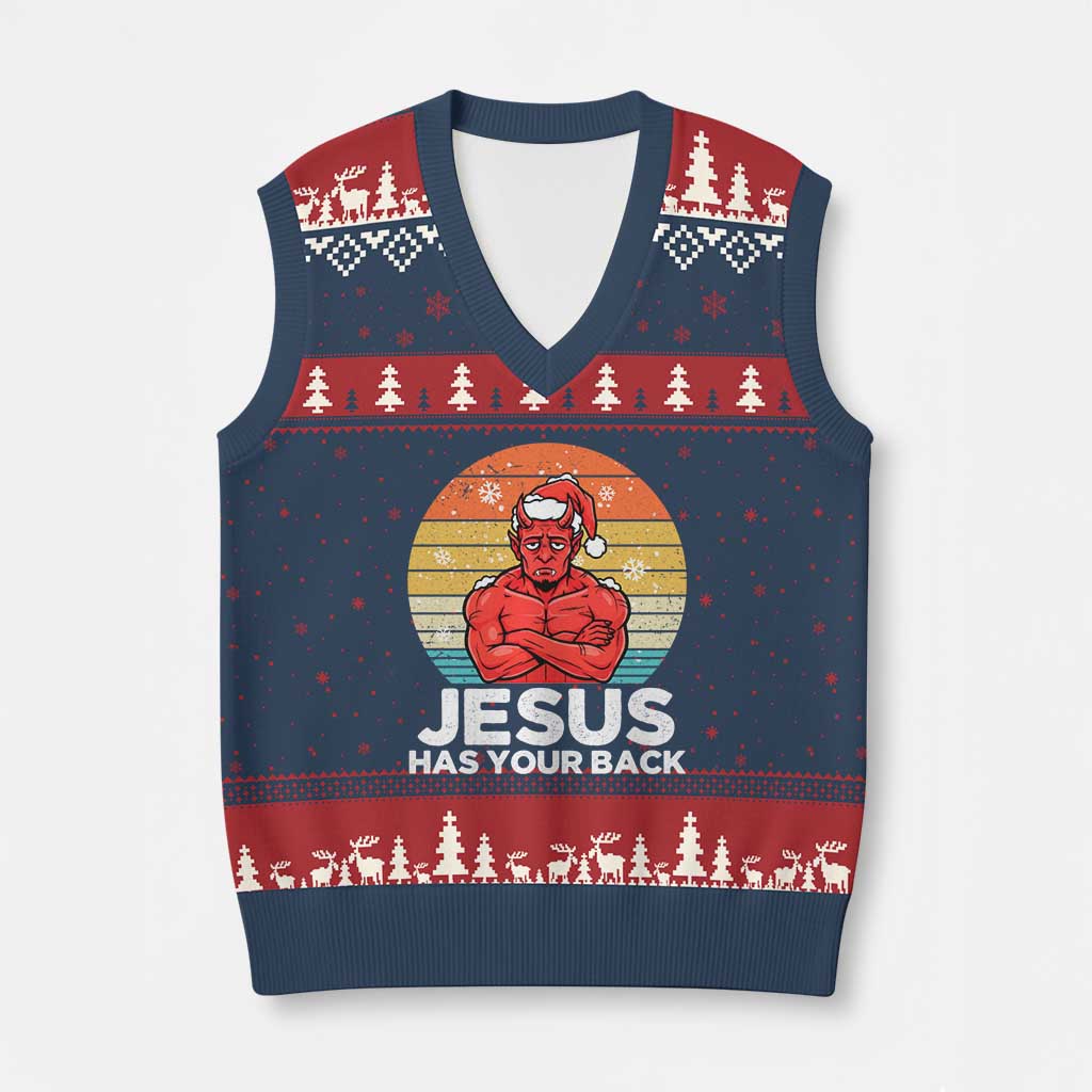 Funny Satan Xmas V-Neck Knit Sweater Vest Jesus Has Your Back TS14 Navy Red Print Your Wear
