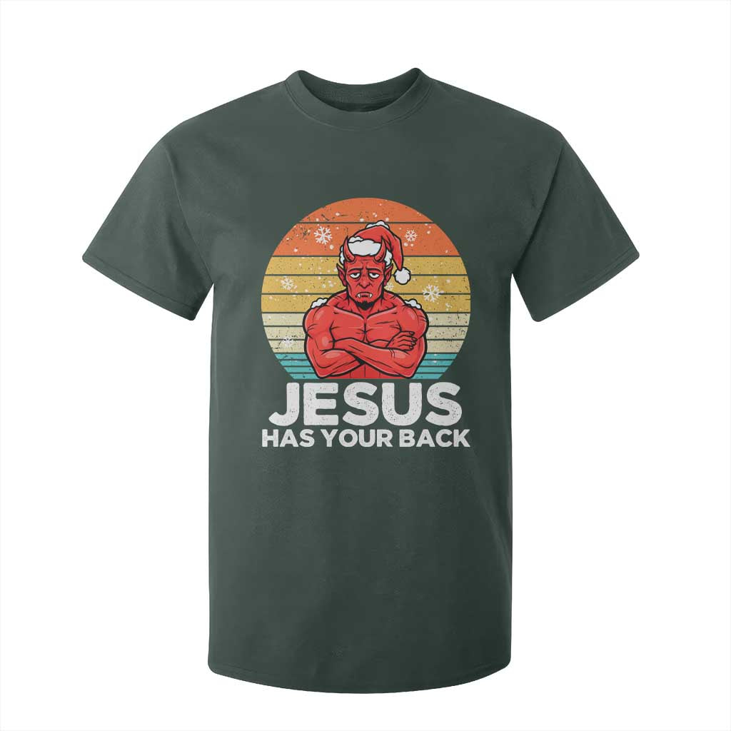 Funny Satan Christmas T Shirt For Kid Jesus Has Your Back TS14 Dark Forest Green Print Your Wear