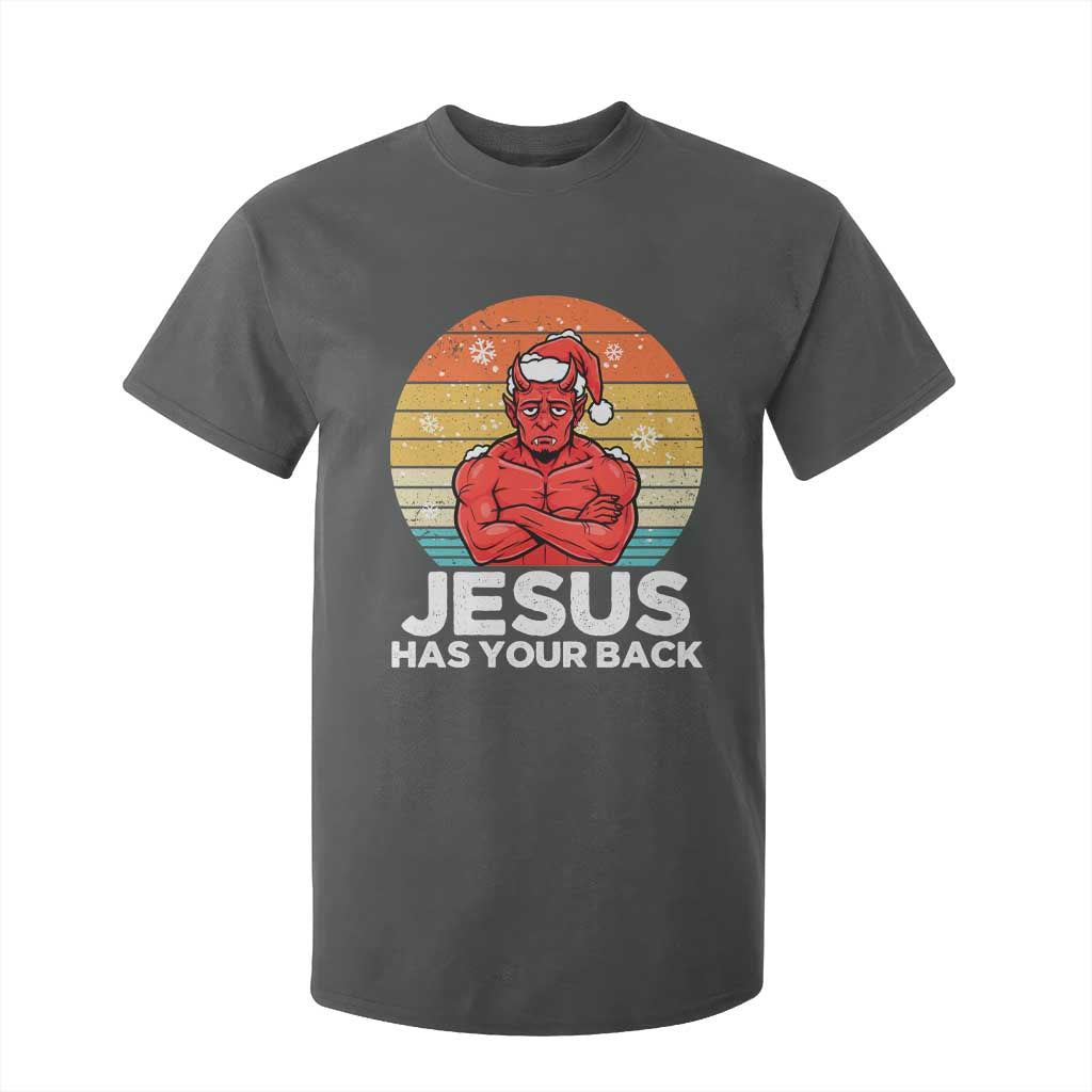 Funny Satan Christmas T Shirt For Kid Jesus Has Your Back TS14 Dark Heather Print Your Wear