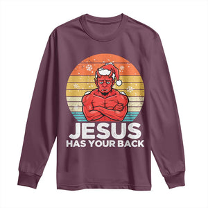 Funny Satan Christmas Long Sleeve Shirt Jesus Has Your Back TS14 Maroon Print Your Wear