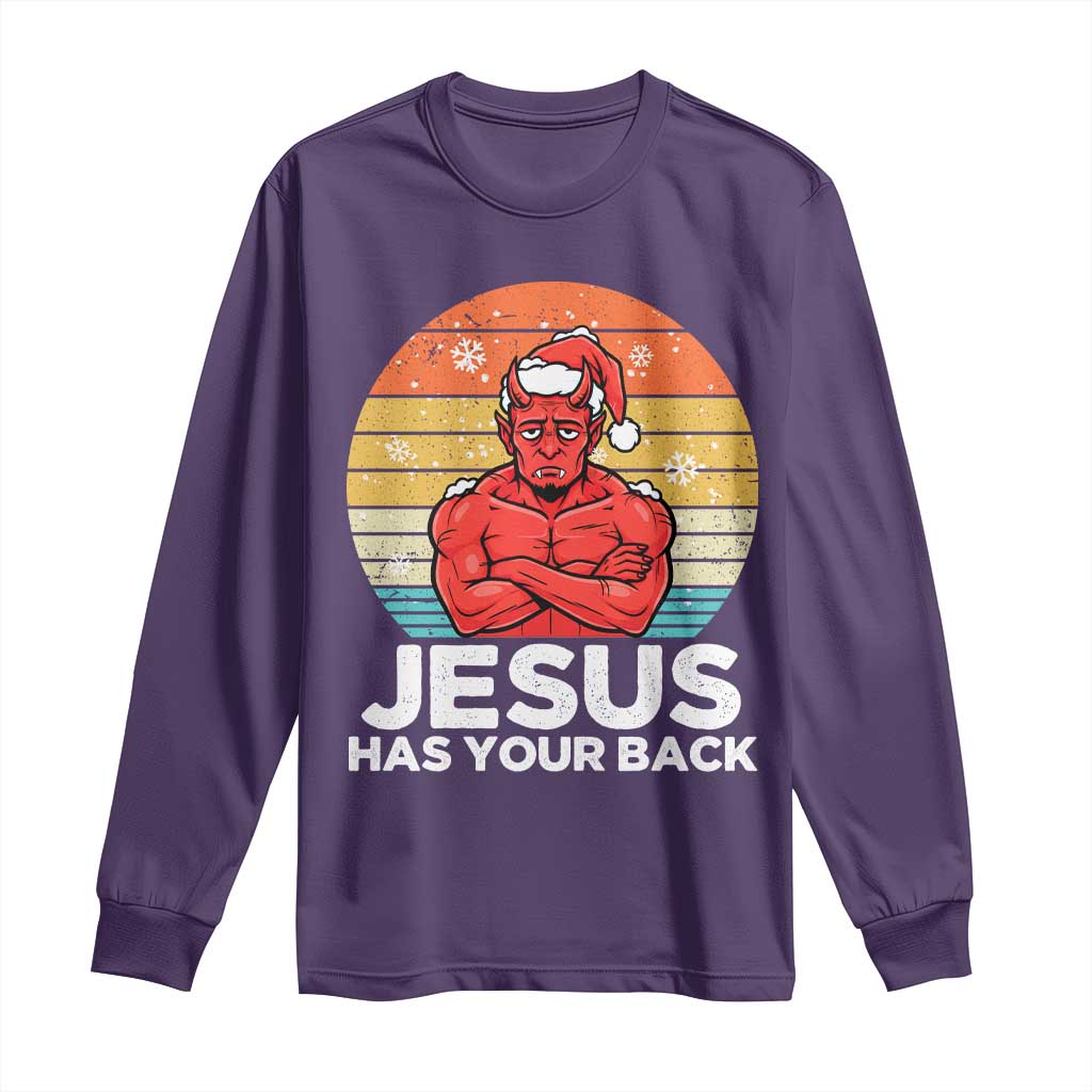 Funny Satan Christmas Long Sleeve Shirt Jesus Has Your Back TS14 Purple Print Your Wear