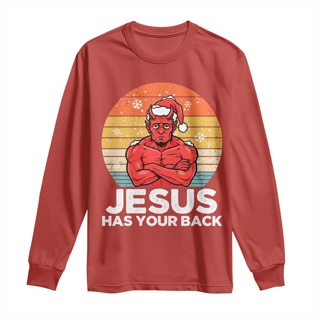 Funny Satan Christmas Long Sleeve Shirt Jesus Has Your Back TS14 Red Print Your Wear