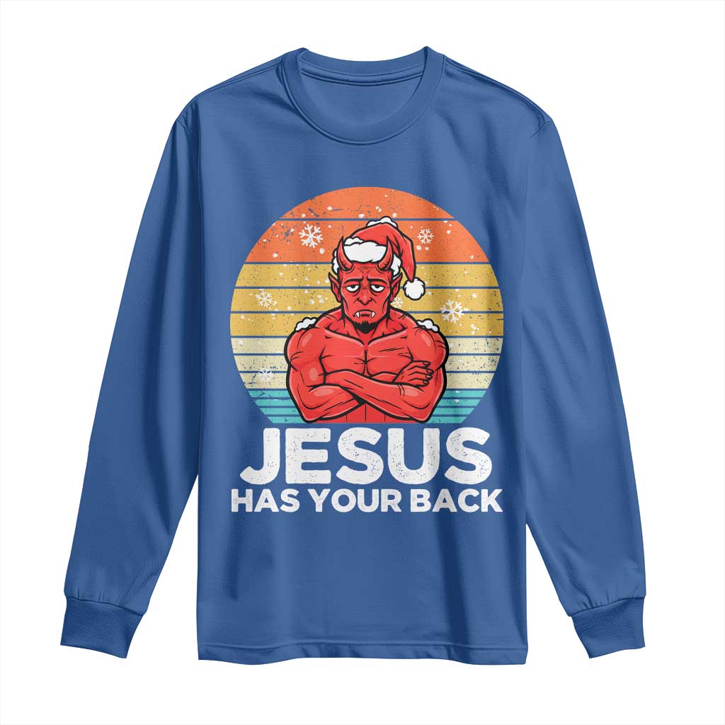 Funny Satan Christmas Long Sleeve Shirt Jesus Has Your Back TS14 Royal Blue Print Your Wear