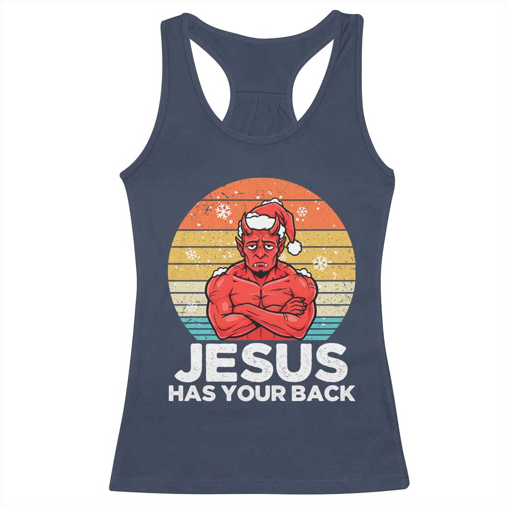 Funny Satan Christmas Racerback Tank Top Jesus Has Your Back TS14 Navy Print Your Wear