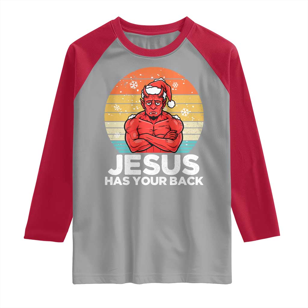 Funny Satan Christmas Raglan Shirt Jesus Has Your Back TS14 Sport Gray Red Print Your Wear