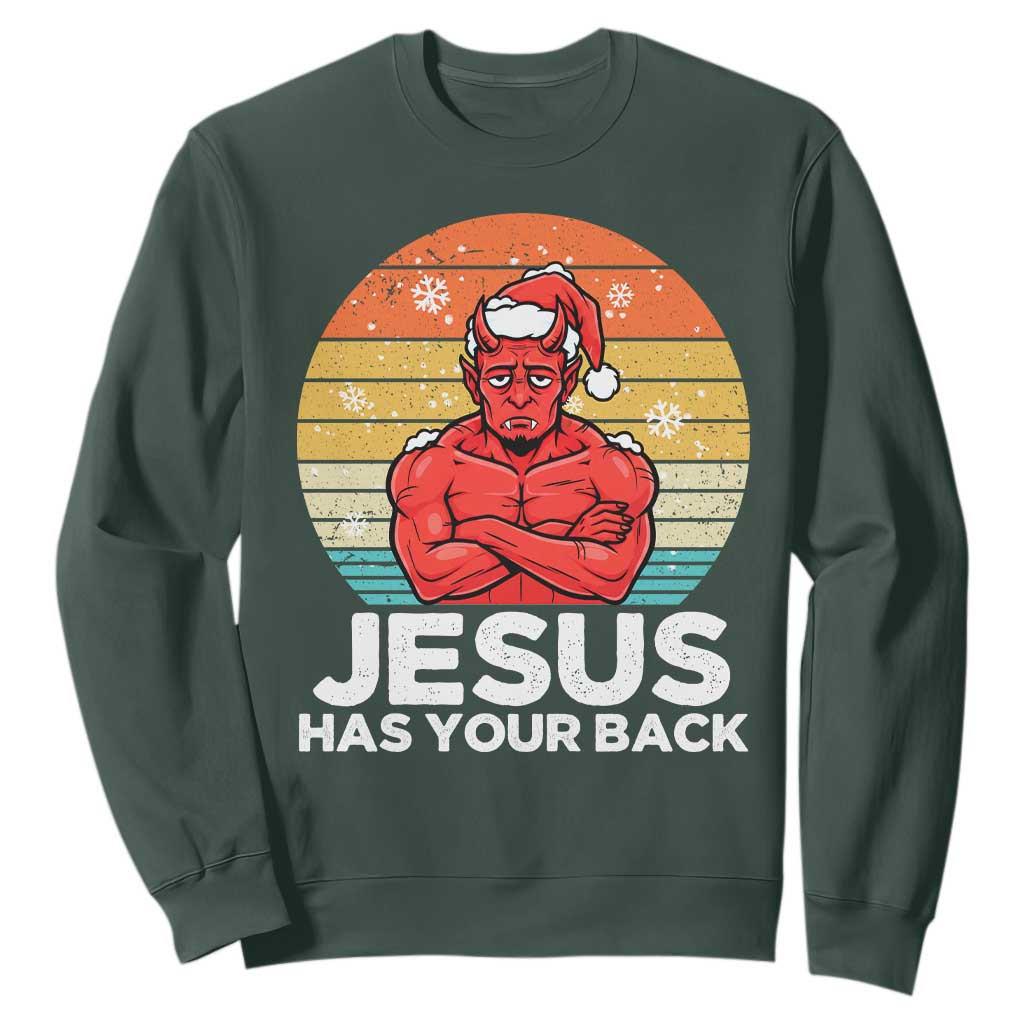 Funny Satan Christmas Sweatshirt Jesus Has Your Back TS14 Dark Forest Green Print Your Wear