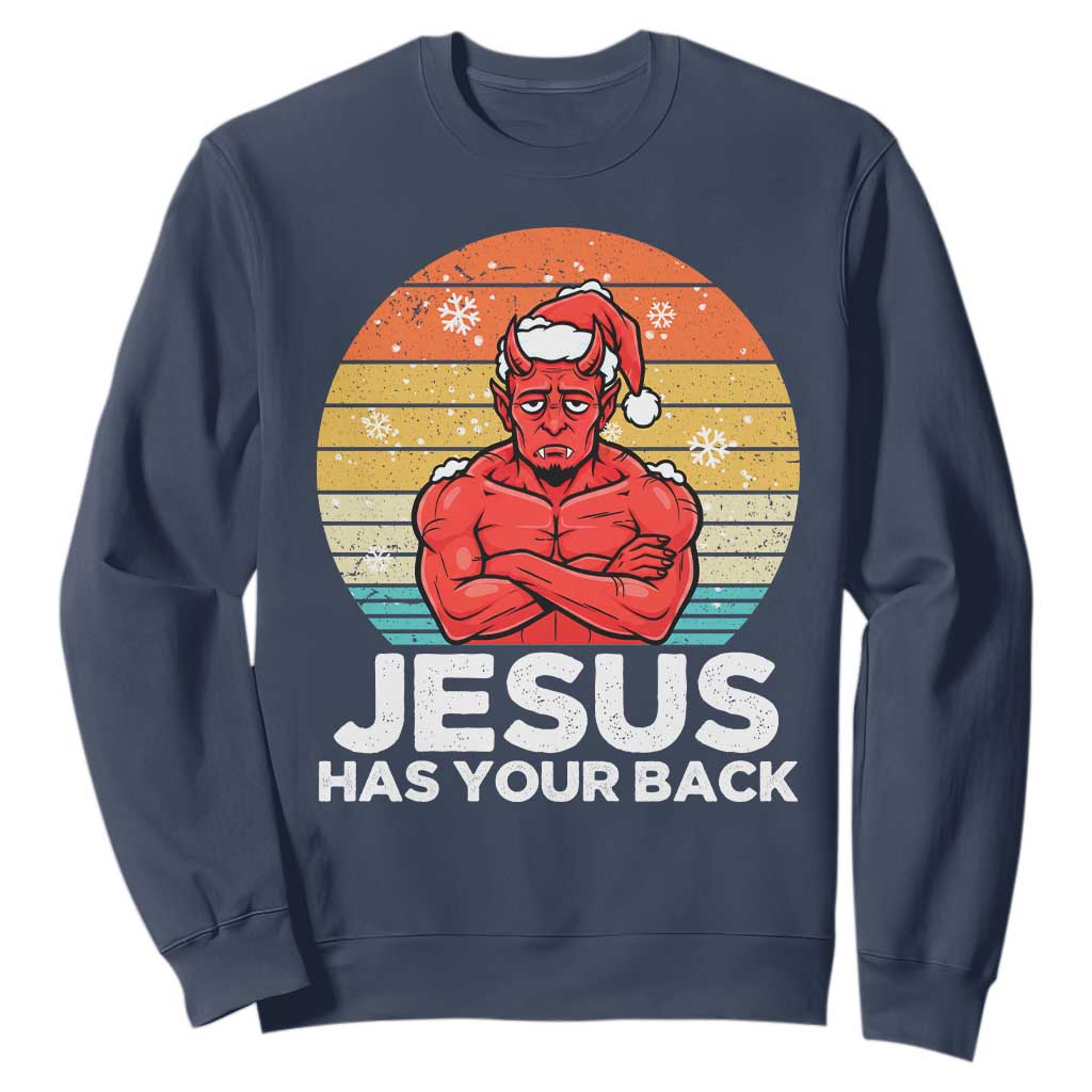 Funny Satan Christmas Sweatshirt Jesus Has Your Back TS14 Navy Print Your Wear