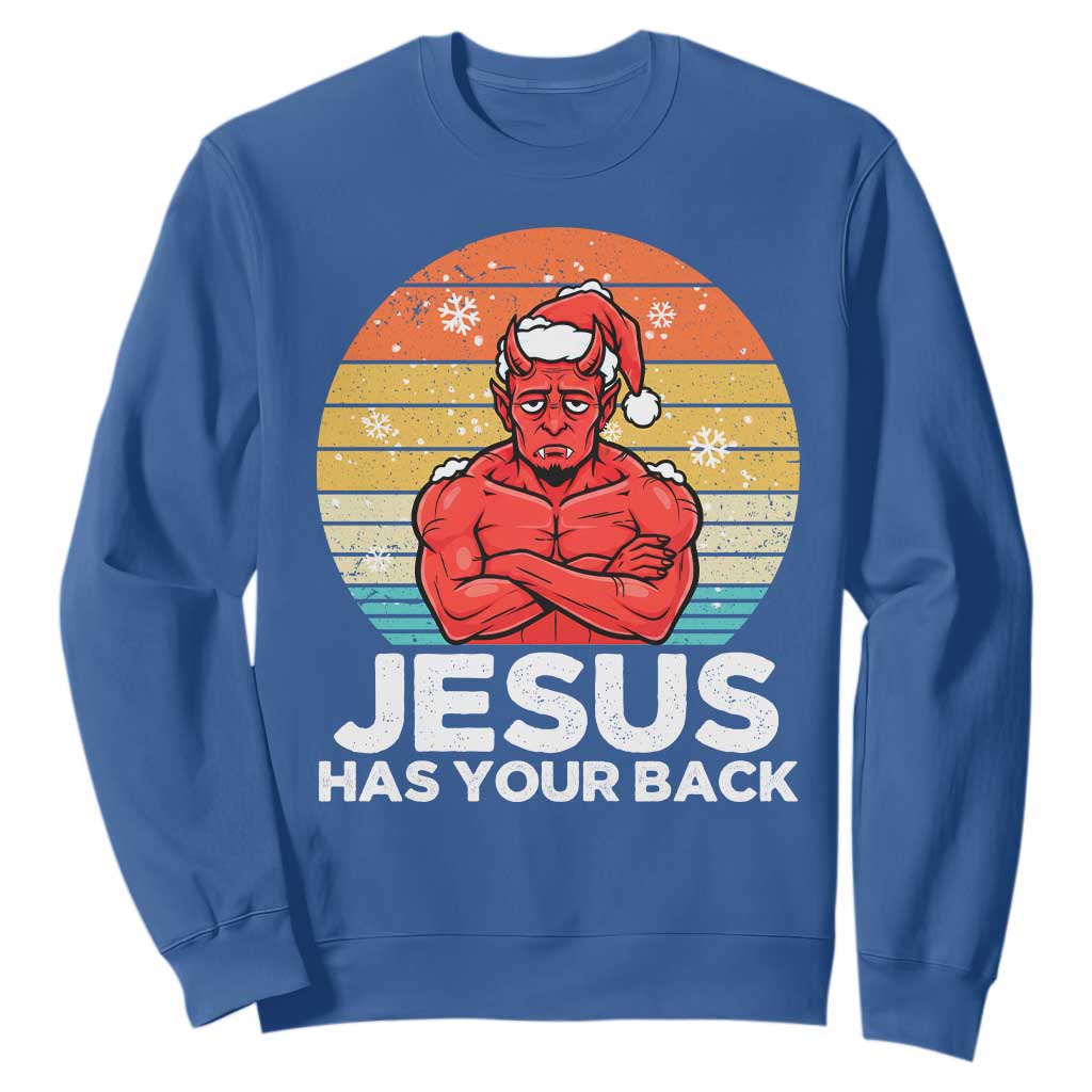 Funny Satan Christmas Sweatshirt Jesus Has Your Back TS14 Royal Blue Print Your Wear