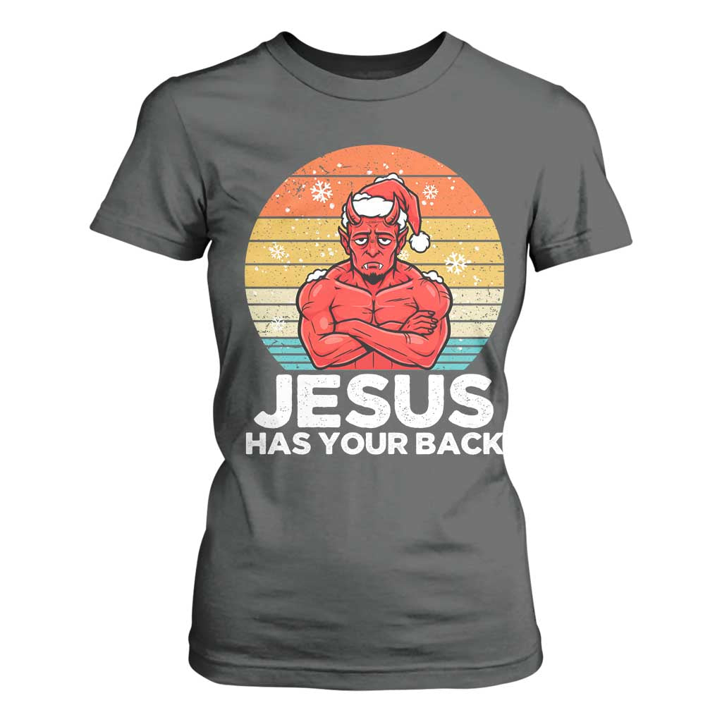 Funny Satan Christmas T Shirt For Women Jesus Has Your Back TS14 Dark Heather Print Your Wear