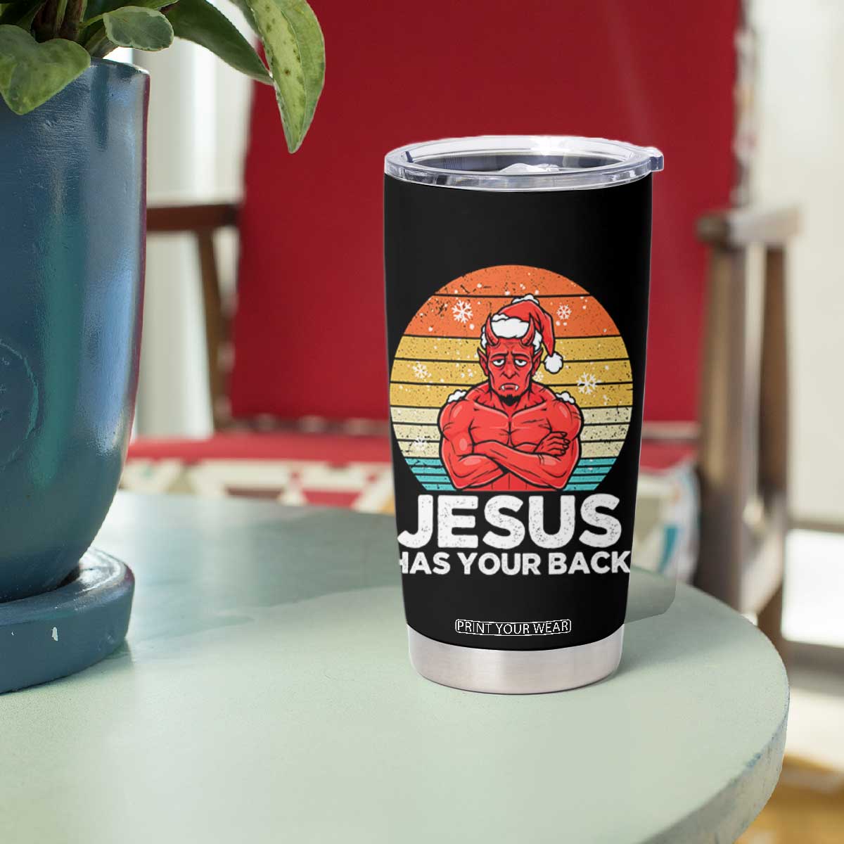 Funny Satan Christmas Tumbler Cup Jesus Has Your Back TS14 Print Your Wear