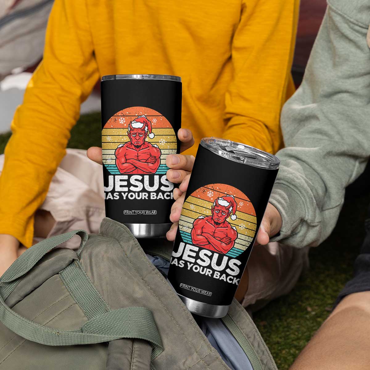 Funny Satan Christmas Tumbler Cup Jesus Has Your Back TS14 Print Your Wear