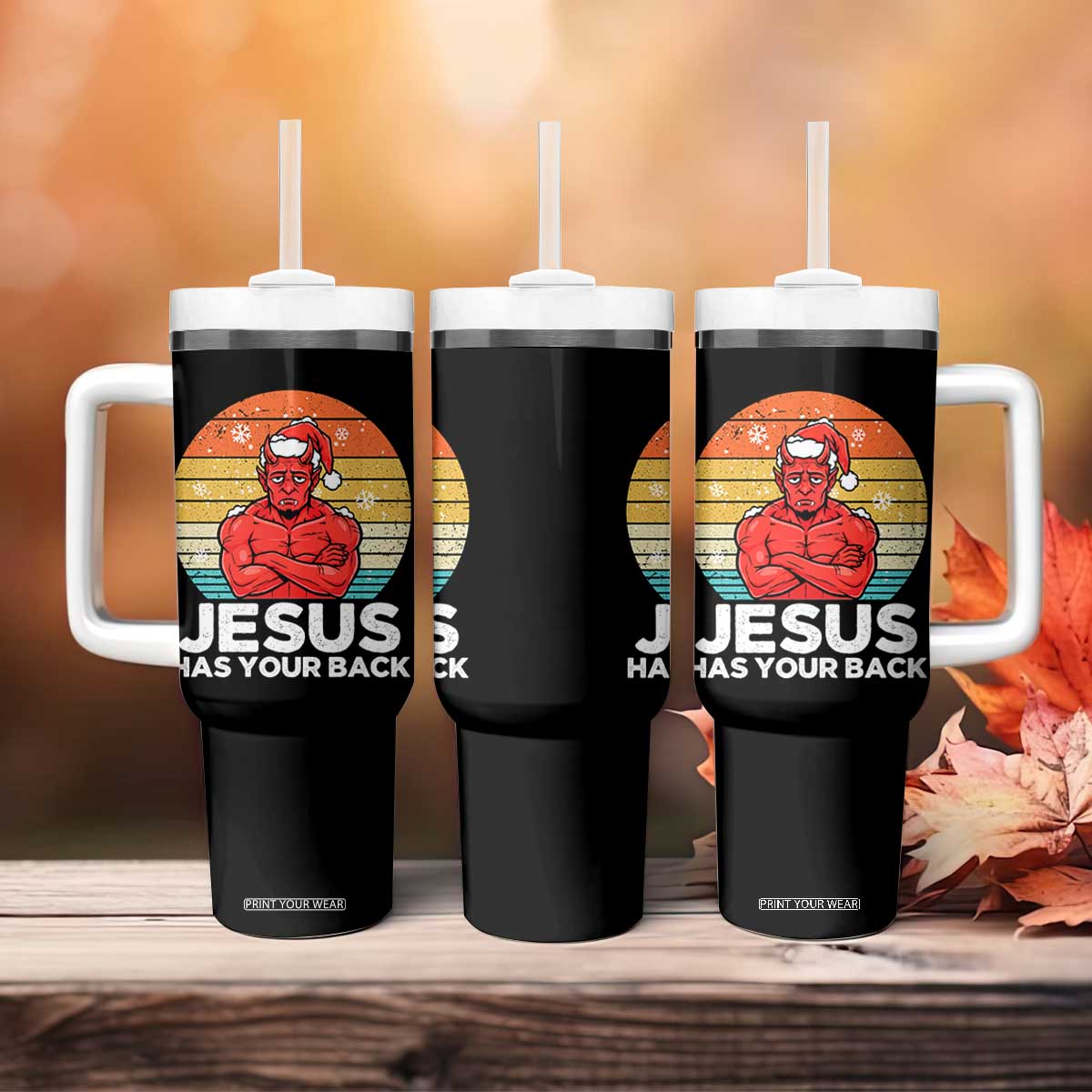 Funny Satan Christmas Tumbler With Handle Jesus Has Your Back TS14 Print Your Wear