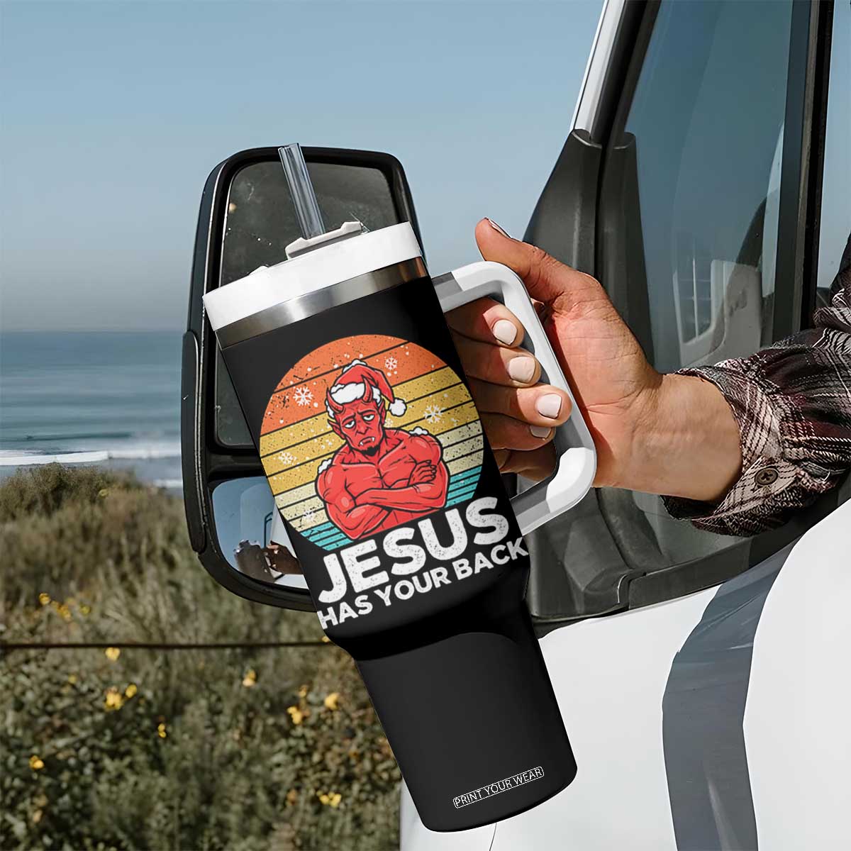 Funny Satan Christmas Tumbler With Handle Jesus Has Your Back TS14 Print Your Wear