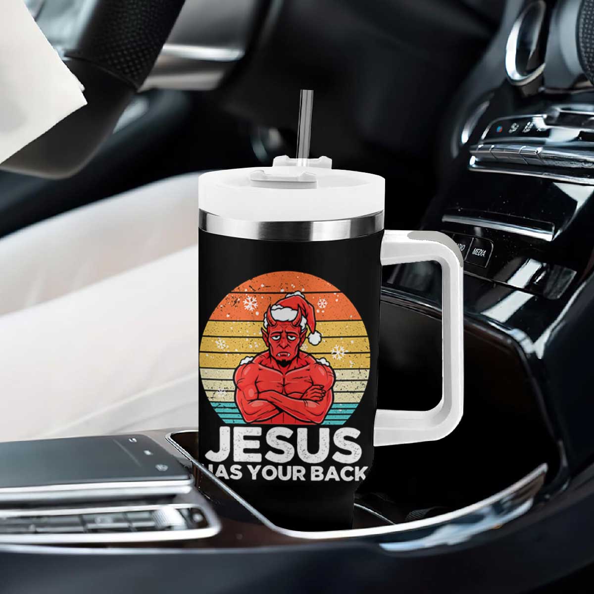 Funny Satan Christmas Tumbler With Handle Jesus Has Your Back TS14 Print Your Wear