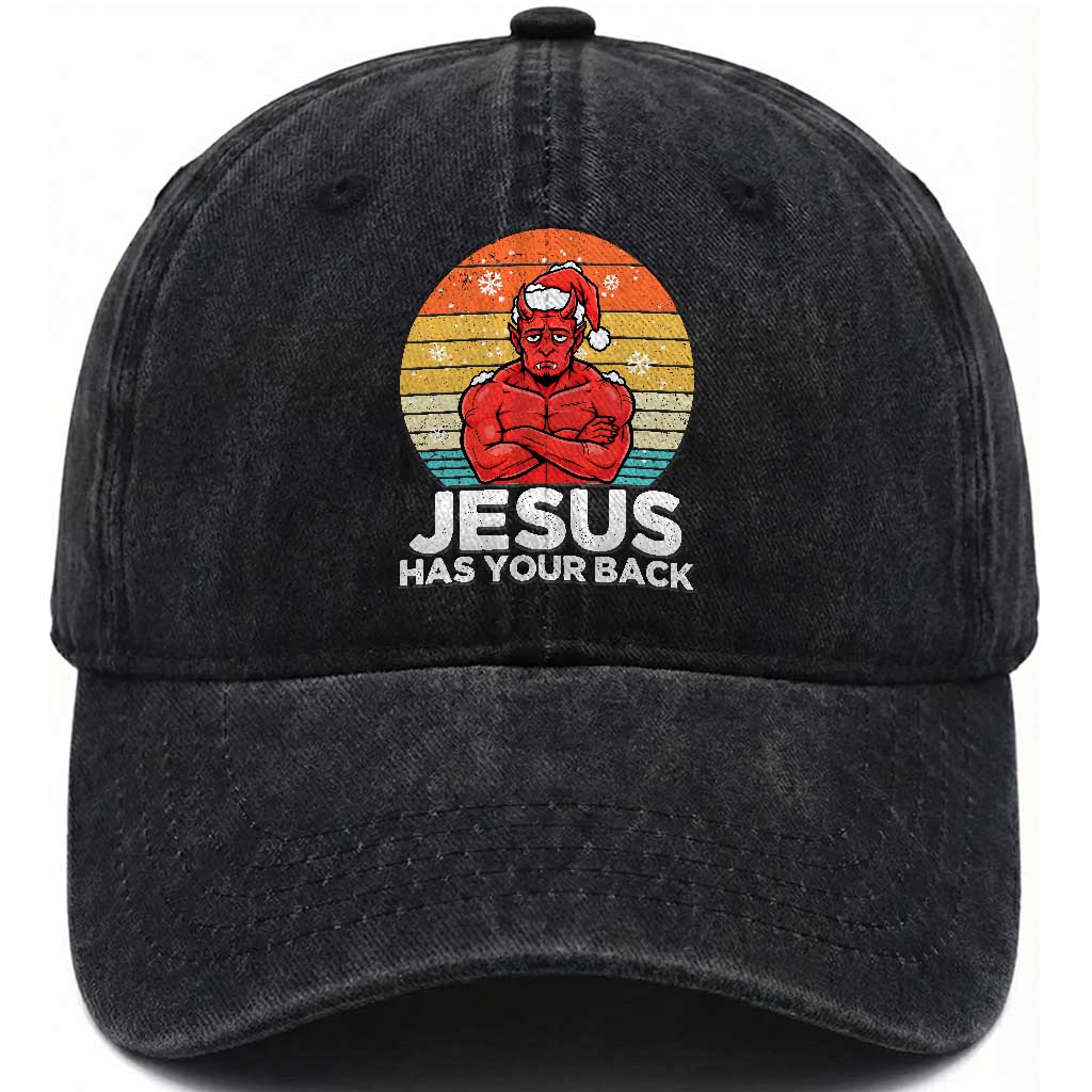 Funny Satan Christmas Washed Cotton Baseball Cap Jesus Has Your Back TS14 Washed Cap Universal Fit Black Print Your Wear