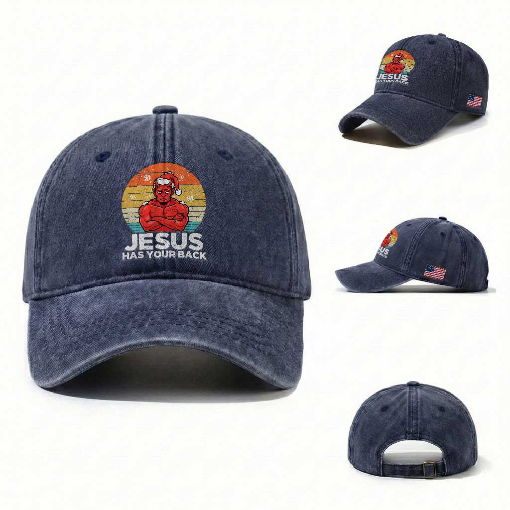 Funny Satan Christmas Washed Cotton Baseball Cap Jesus Has Your Back TS14 Washed Cap Universal Fit Navy Print Your Wear