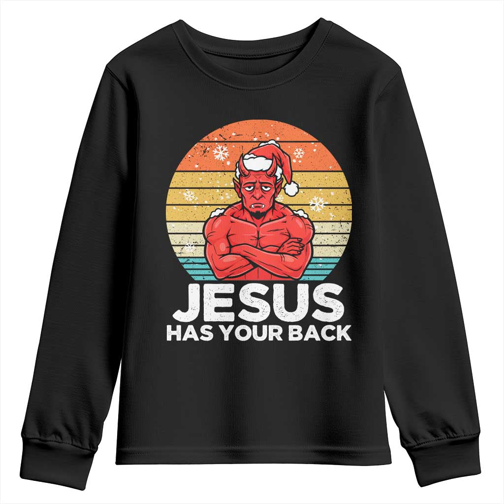 Funny Satan Christmas Youth Sweatshirt Jesus Has Your Back TS14 Black Print Your Wear