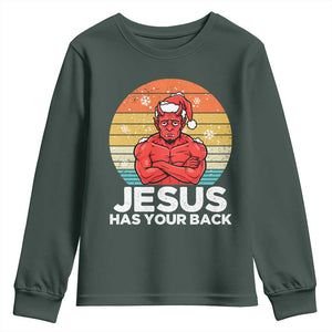 Funny Satan Christmas Youth Sweatshirt Jesus Has Your Back TS14 Dark Forest Green Print Your Wear