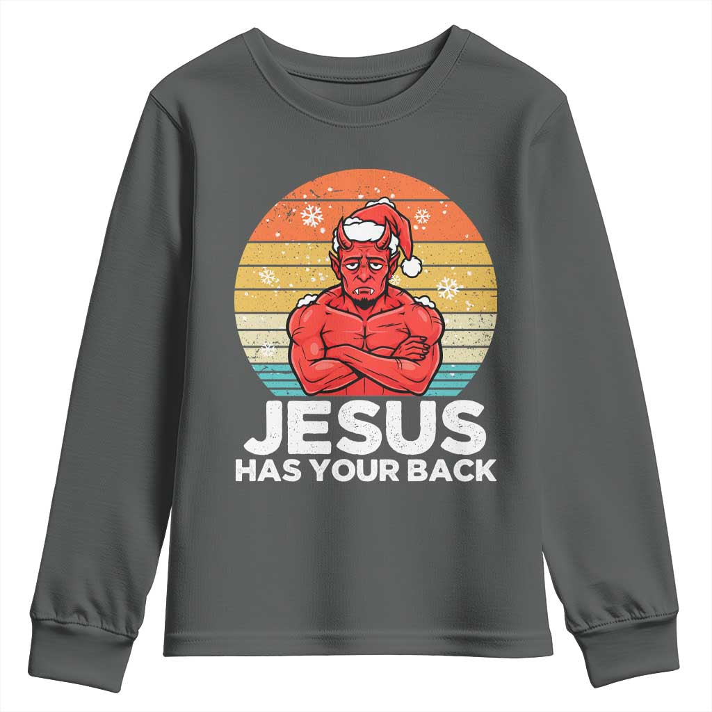 Funny Satan Christmas Youth Sweatshirt Jesus Has Your Back TS14 Dark Heather Print Your Wear