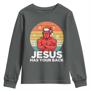 Funny Satan Christmas Youth Sweatshirt Jesus Has Your Back TS14 Dark Heather Print Your Wear